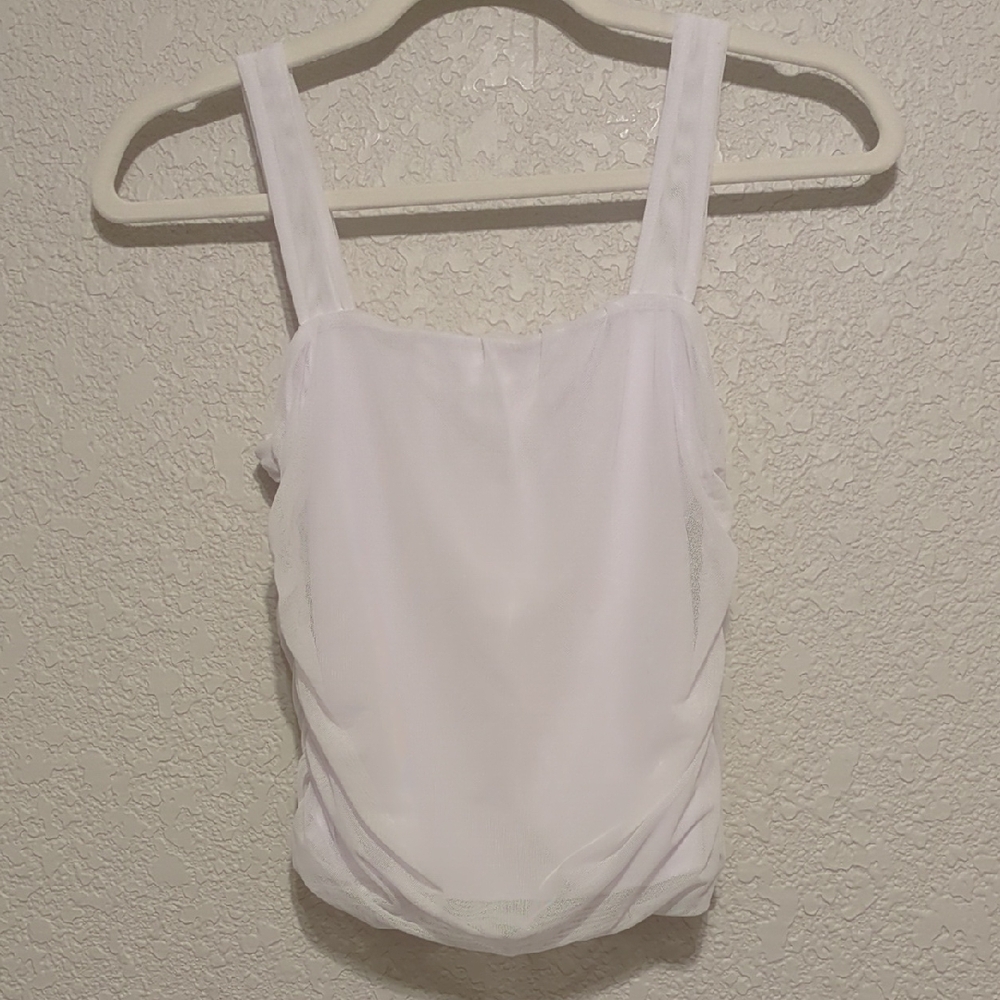 Antistar white mesh ruched cropped sleeveless tank top